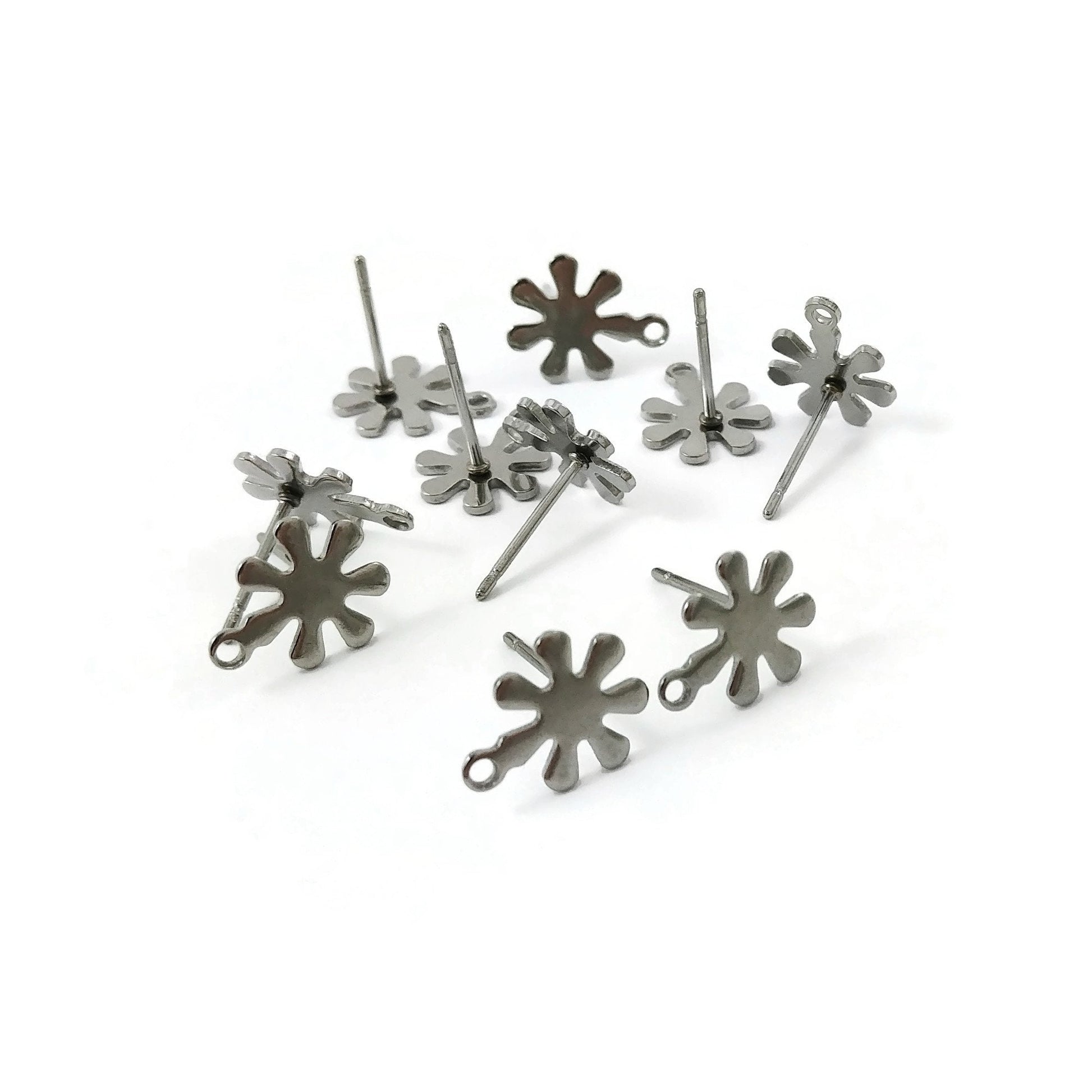 9mm flower ear studs with loop, Stainless steel earring posts, Hypoallergenic gold or silver jewelry findings
