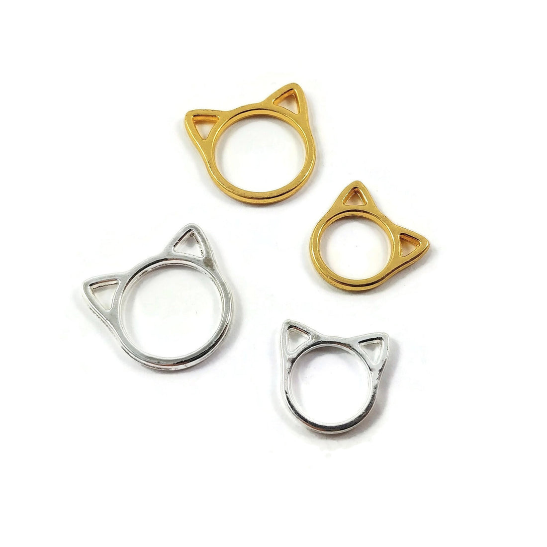 Cute cat charms, Gold or silver metal pendants, Connector for jewelry making