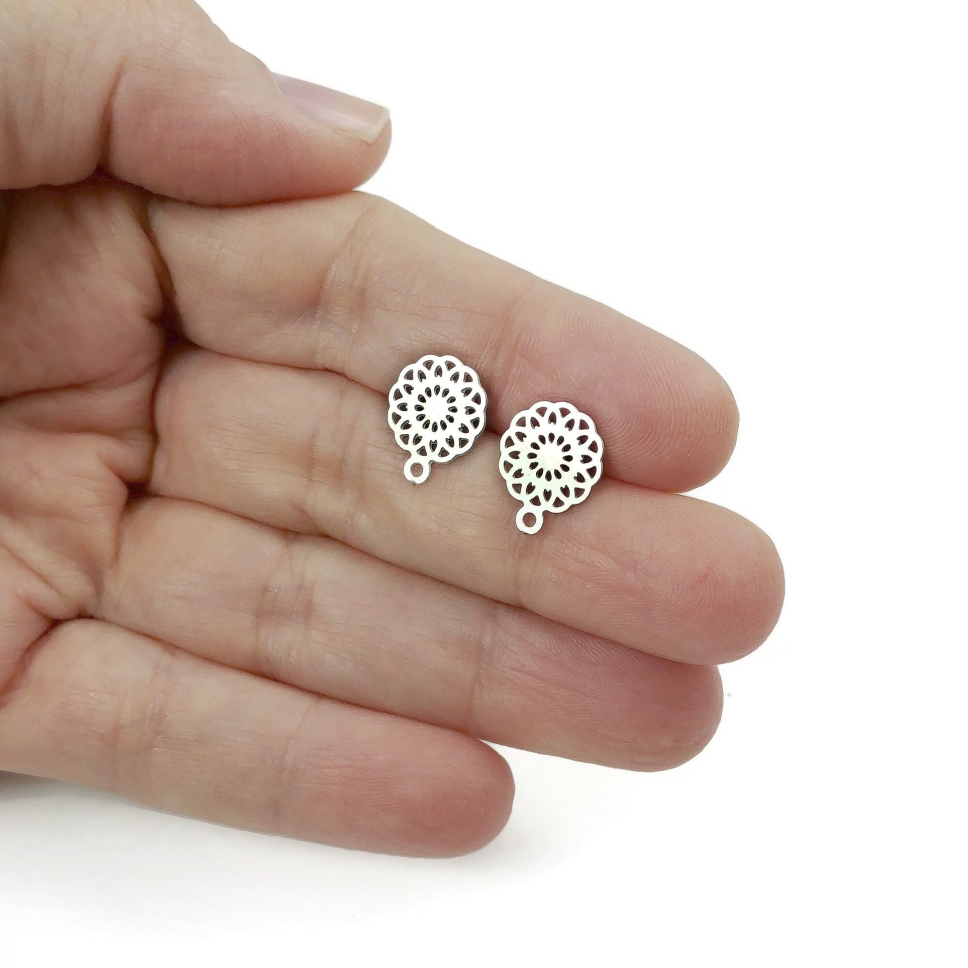 Filigree flower earring posts, 5 pairs stainless steel studs with loop, Hypoallergenic jewelry findings