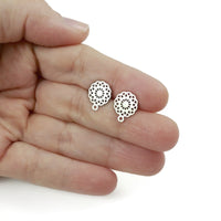 Filigree flower earring posts, 5 pairs stainless steel studs with loop, Hypoallergenic jewelry findings