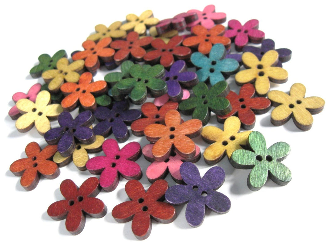 25 Mixed Colors Buttons - Wood sewing buttons 20mm - Flowers shapes