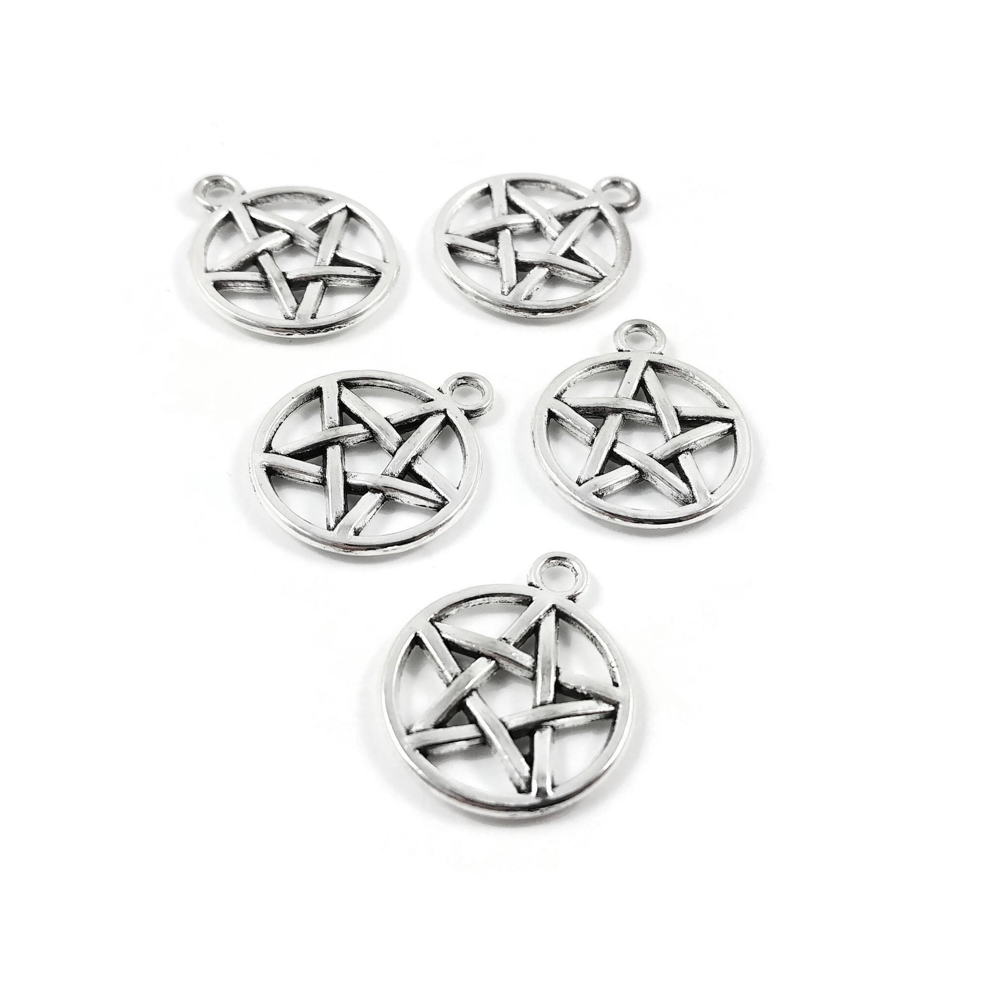 Silver pentagram charm, 20mm metal pendants, Pentacle star for jewelry making