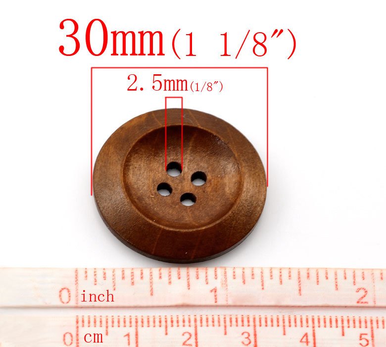 Bouton de bois brun rouge de 3cm - ensemble de 6 boutons en bois naturel