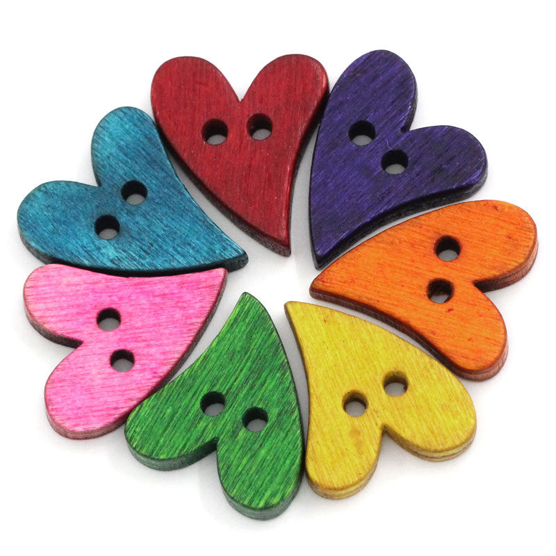 Wood sewing buttons 20mm - Hearts shapes 25 Mixed Colors Buttons 