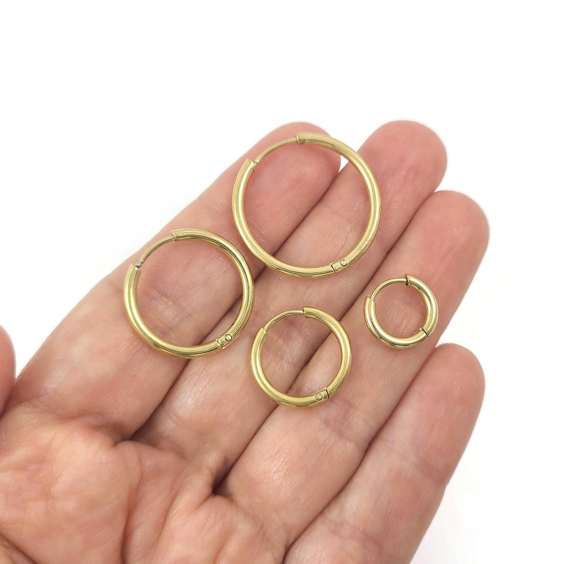 Gold stainless steel earring hoops, Hypoallergenic earring findings, Gold plated huggie hoops, 4 sizes available