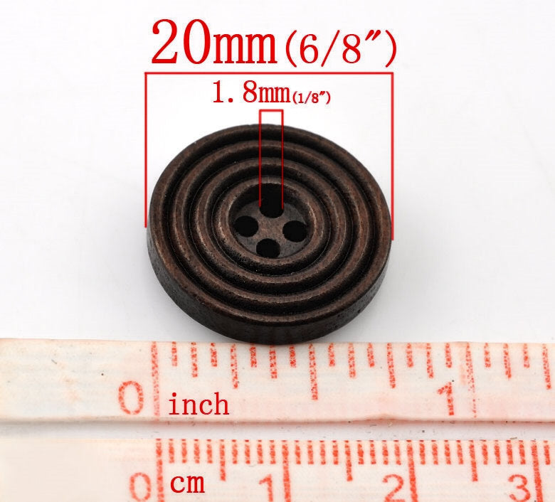 Bouton de bois café de 2cm - ensemble de 6 boutons en bois naturel avec cercles