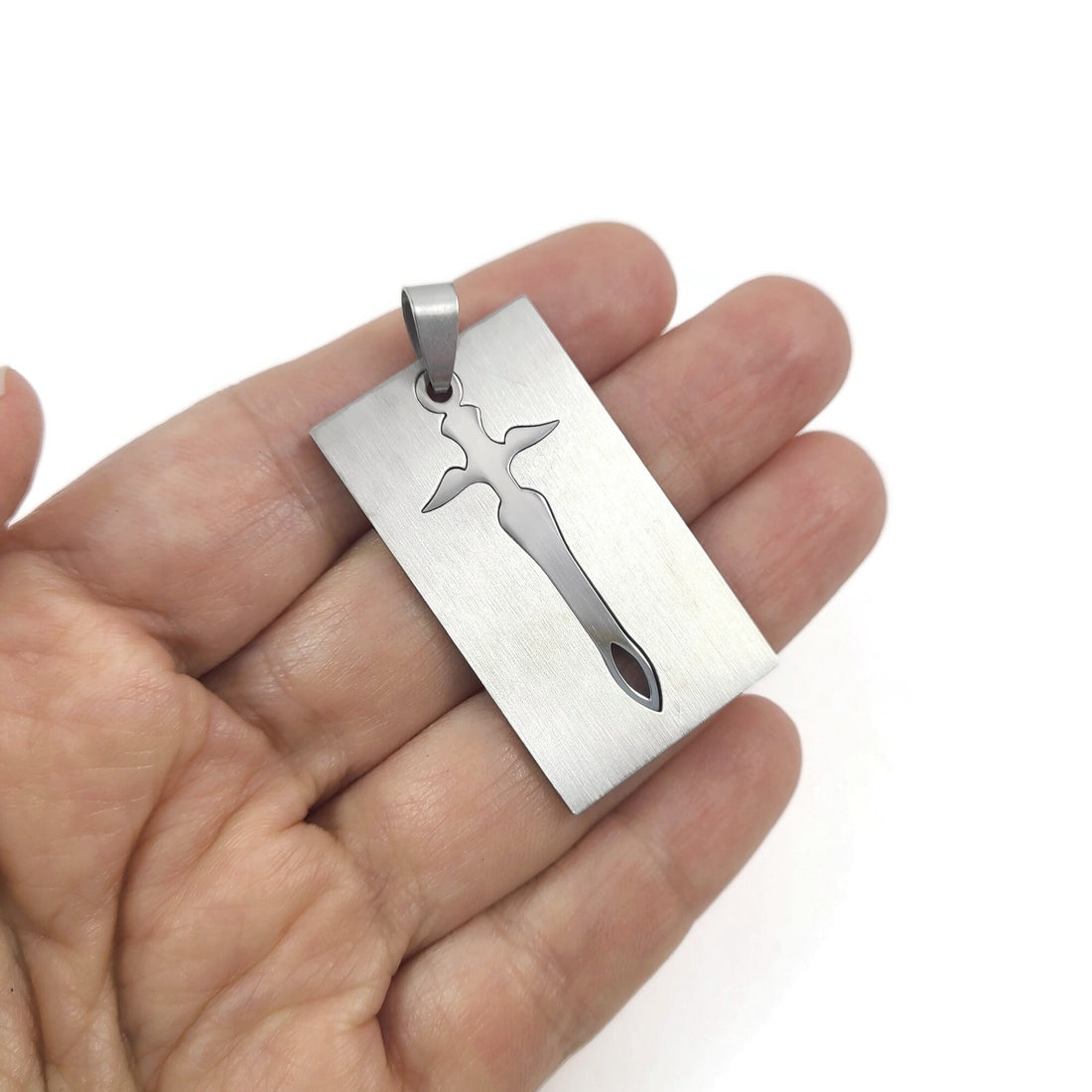Silver sword pendant, Tarnish-free stainless steel, DIY men tag necklace making part
