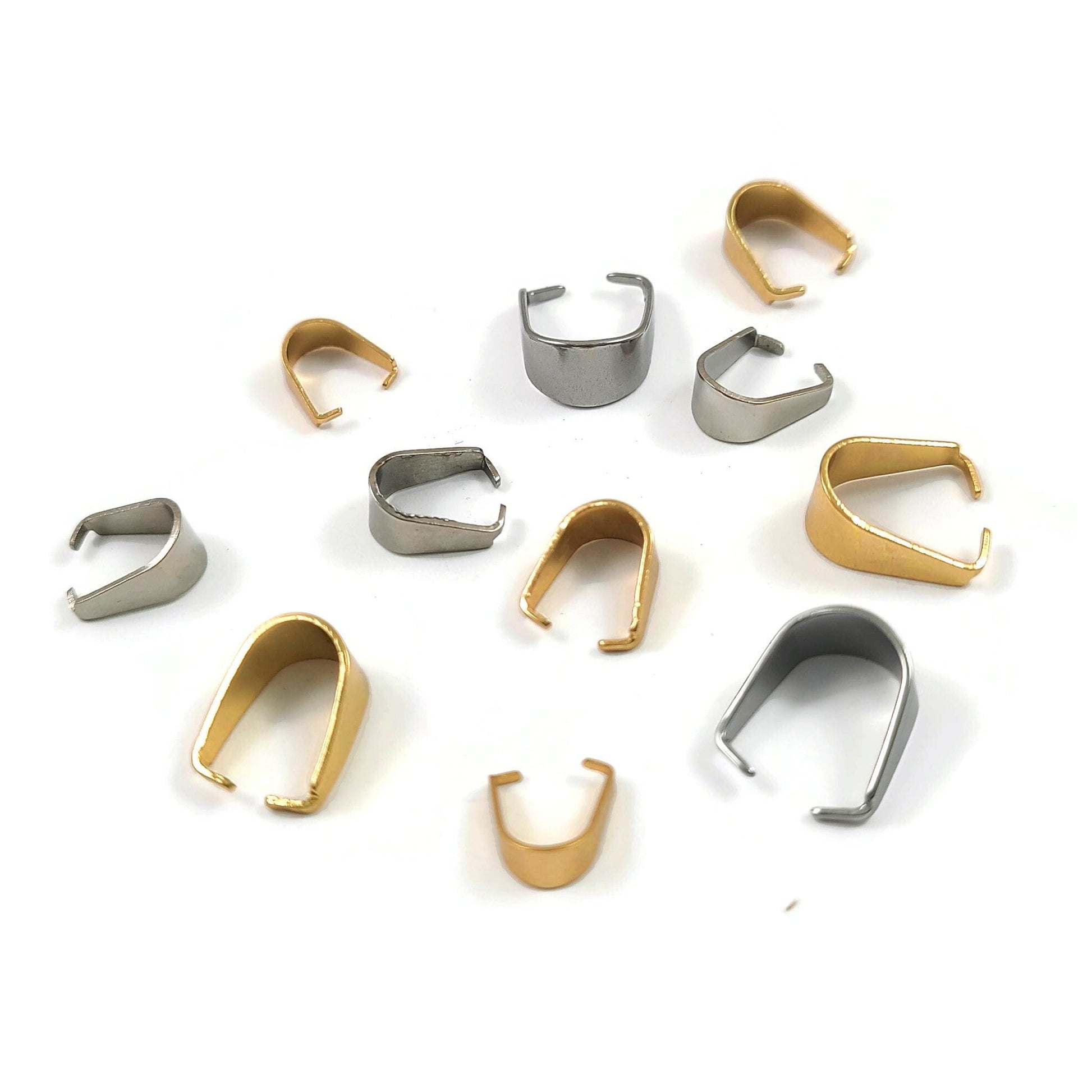 Stainless steel pinch bails, Pendant clip on clasps, Gold, Silver, Tarnish free jewelry findings