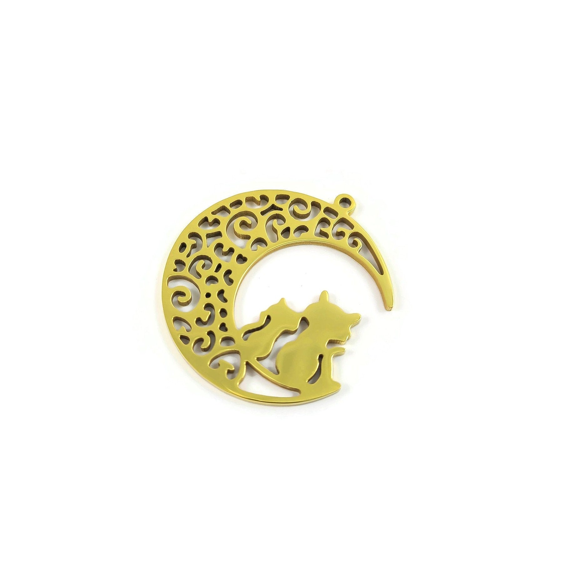 Cat and moon pendant, Stainless steel hypoallergenic, DIY celestial necklace pendant