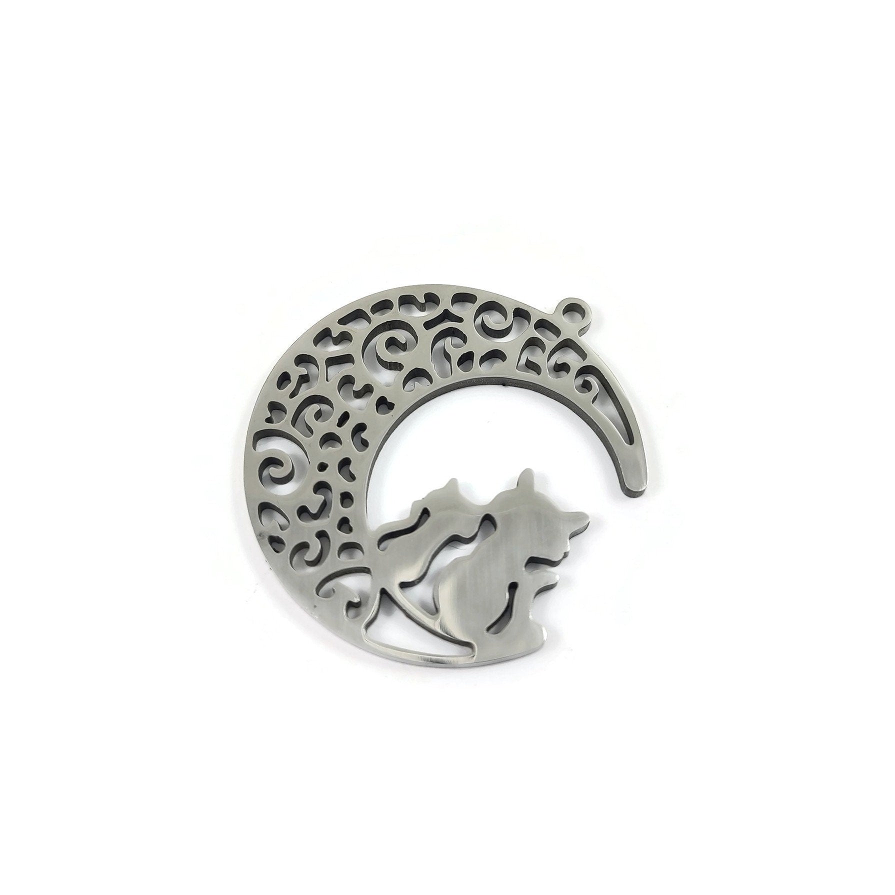 Cat and moon pendant, Stainless steel hypoallergenic, DIY celestial necklace pendant