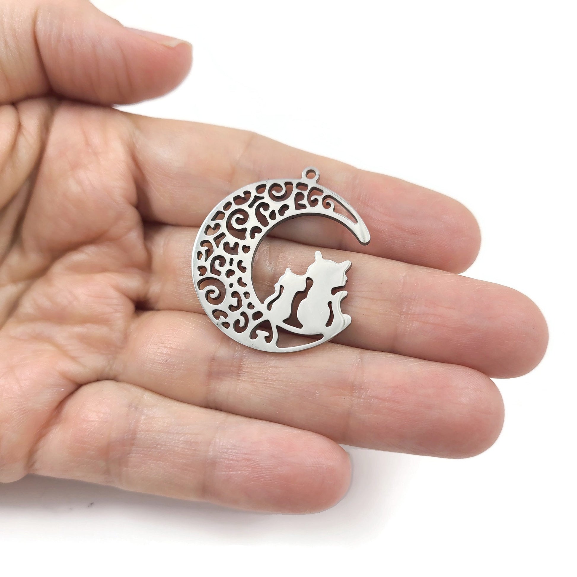 Cat and moon pendant, Stainless steel hypoallergenic, DIY celestial necklace pendant