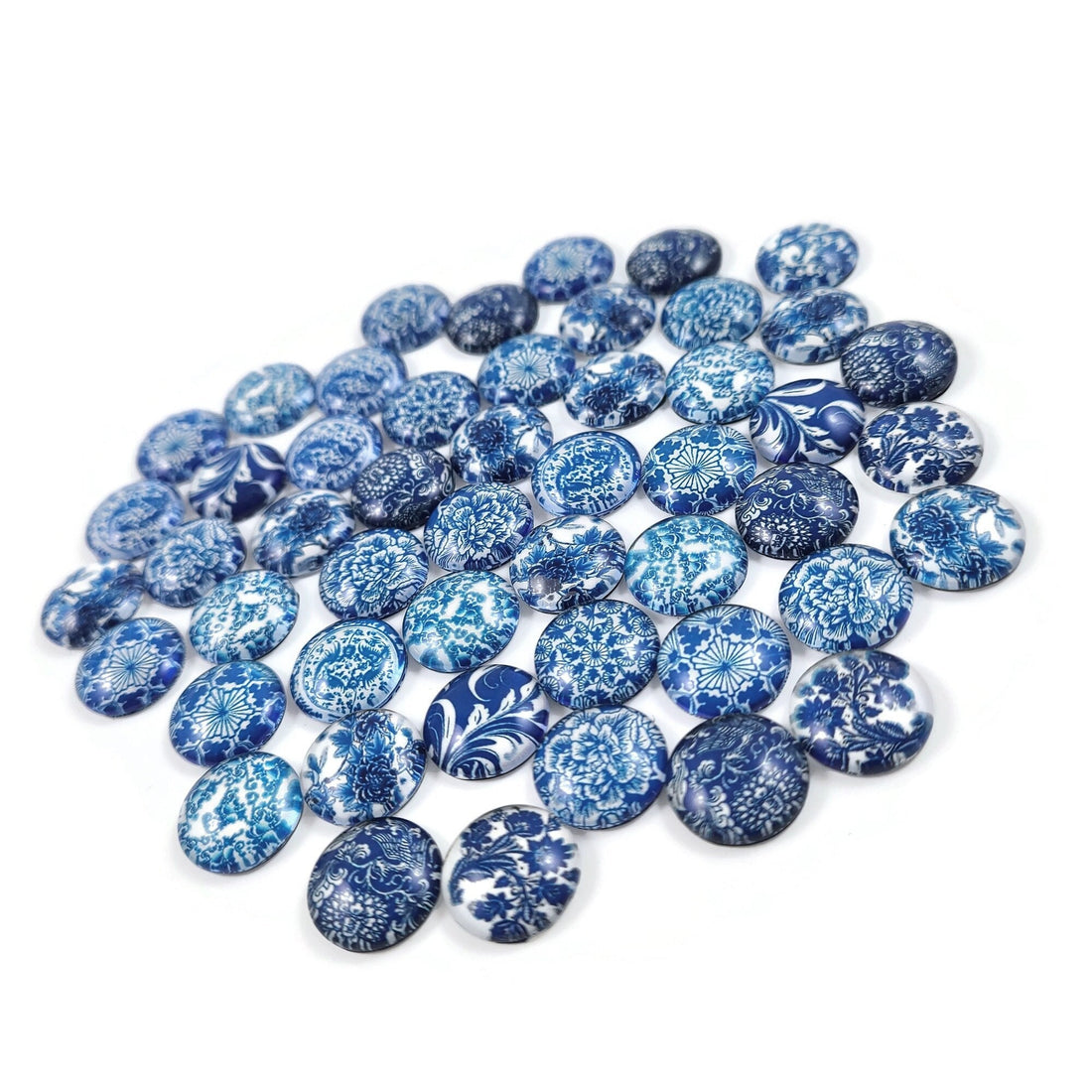 Mixed blue flower glass cabochons, set of 50, White porcelain round dome cabochons, Jewelry making