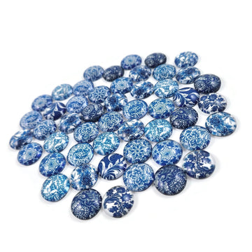 Mixed blue flower glass cabochons, set of 50, White porcelain round dome cabochons, Jewelry making