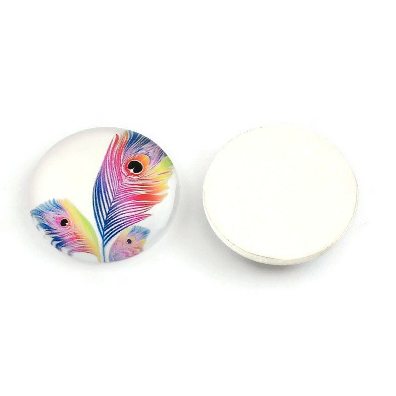 Mixed feather glass cabochons, 12mm flat round domed cabochons, Set of 50, Jewelry making
