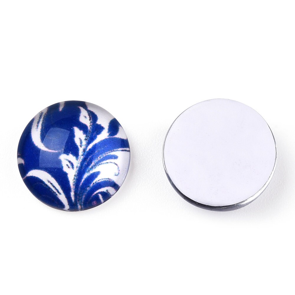 Mixed blue flower glass cabochons, set of 50, White porcelain round dome cabochons, Jewelry making