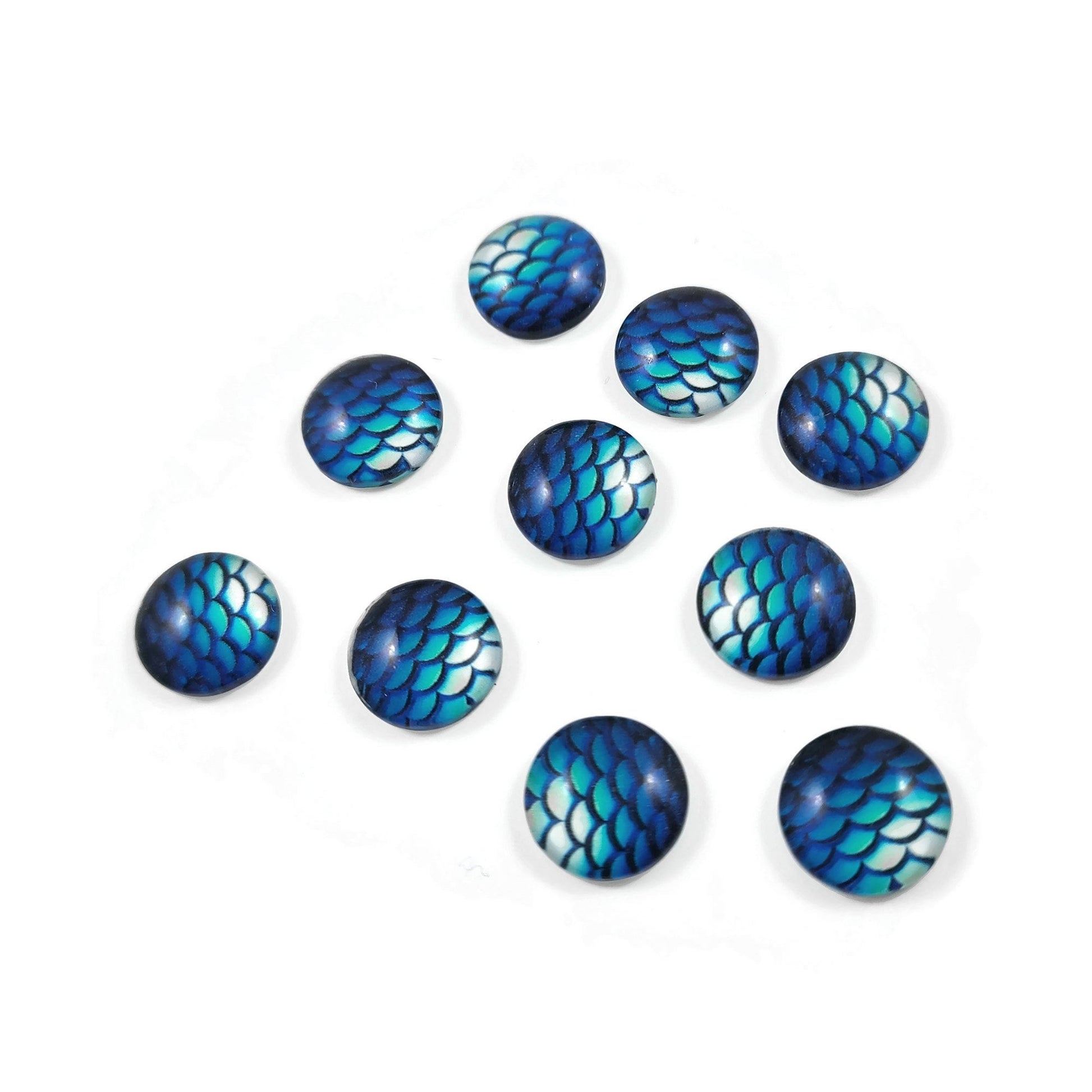 Mermaid glass cabochons, 12mm flat round domed cabochons, Set of 10, Jewelry making