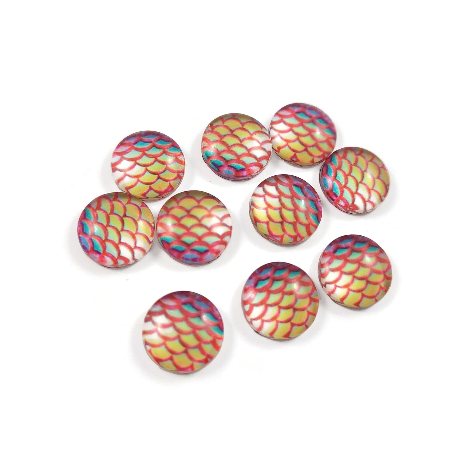 Mermaid glass cabochons, 12mm flat round domed cabochons, Set of 10, Jewelry making