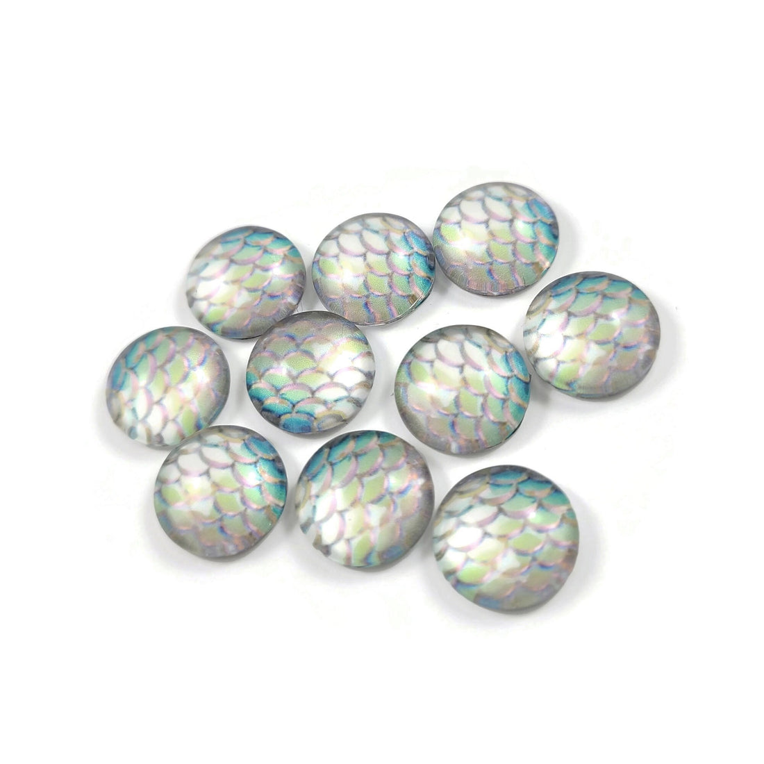 Mermaid glass cabochons, 12mm flat round domed cabochons, Set of 10, Jewelry making