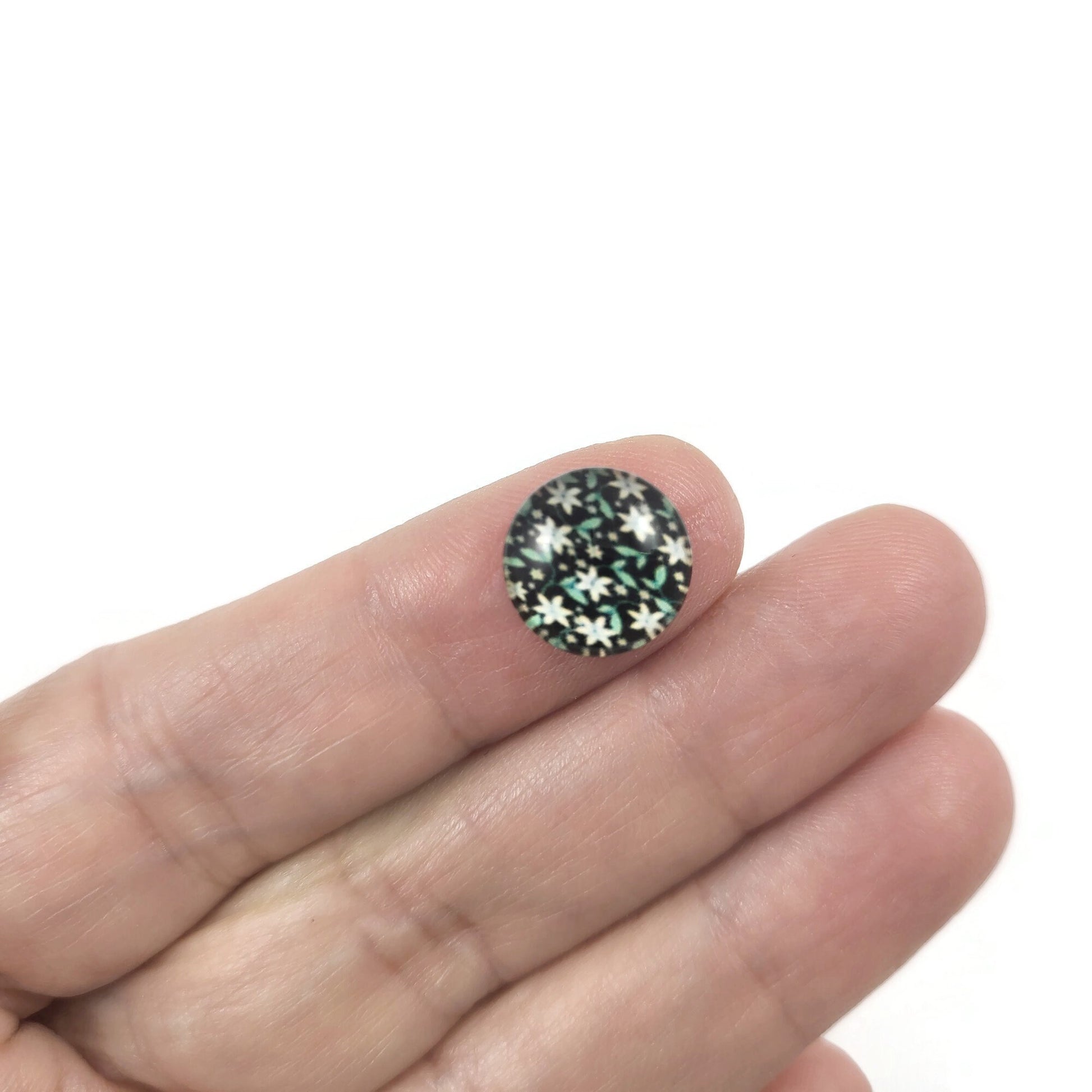 Mixed black floral glass cabochons - set of 20 round dome cabochons - 12mm