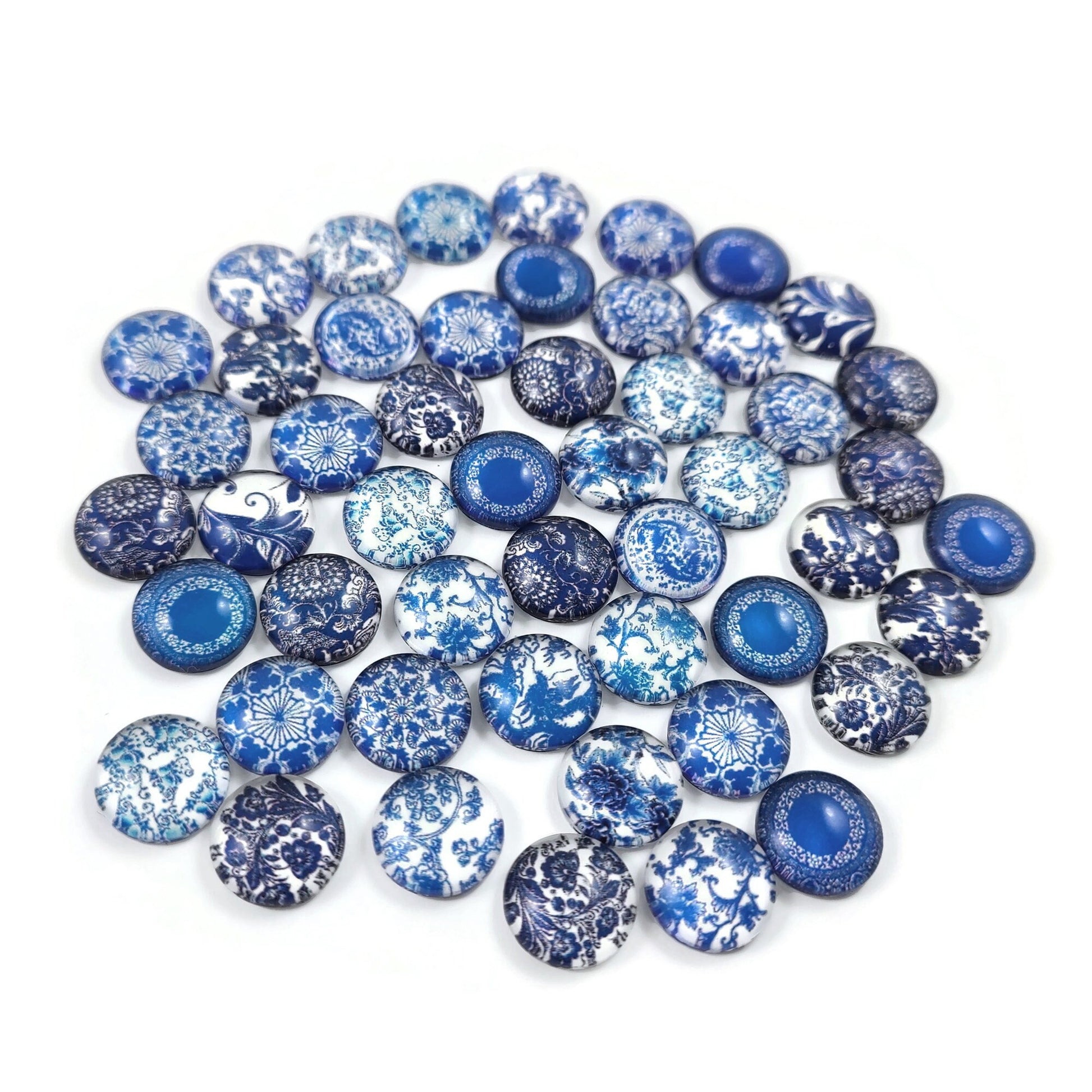 Mixed blue flower glass cabochons, set of 50, White porcelain round dome cabochons, Jewelry making