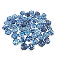 Mixed blue flower glass cabochons, set of 50, White porcelain round dome cabochons, Jewelry making