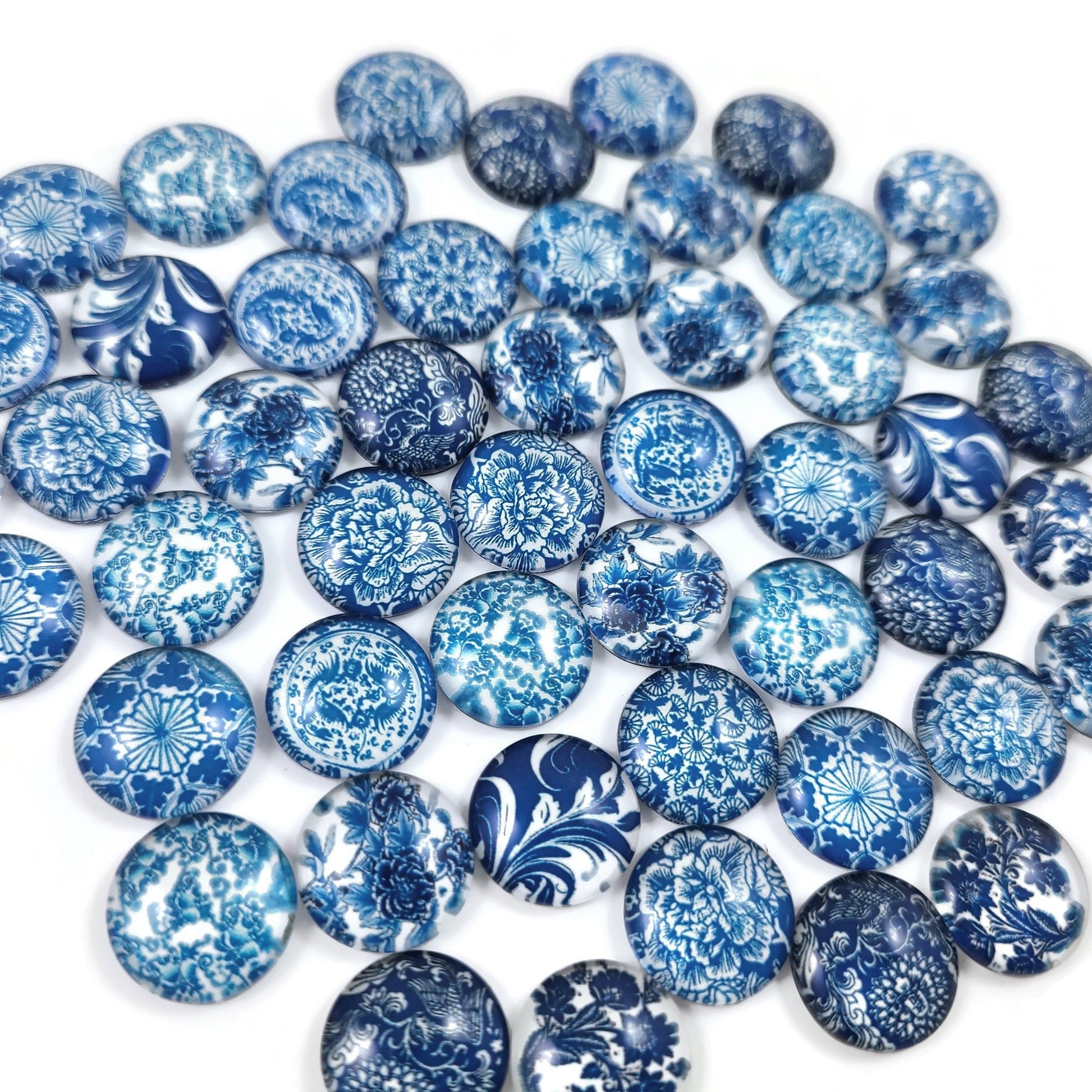 Mixed blue flower glass cabochons, set of 50, White porcelain round dome cabochons, Jewelry making