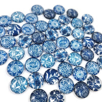 Mixed blue flower glass cabochons, set of 50, White porcelain round dome cabochons, Jewelry making