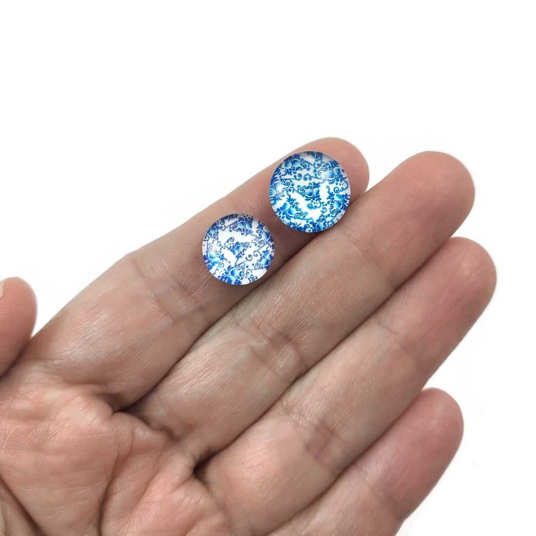 Mixed blue flower glass cabochons, set of 50, White porcelain round dome cabochons, Jewelry making