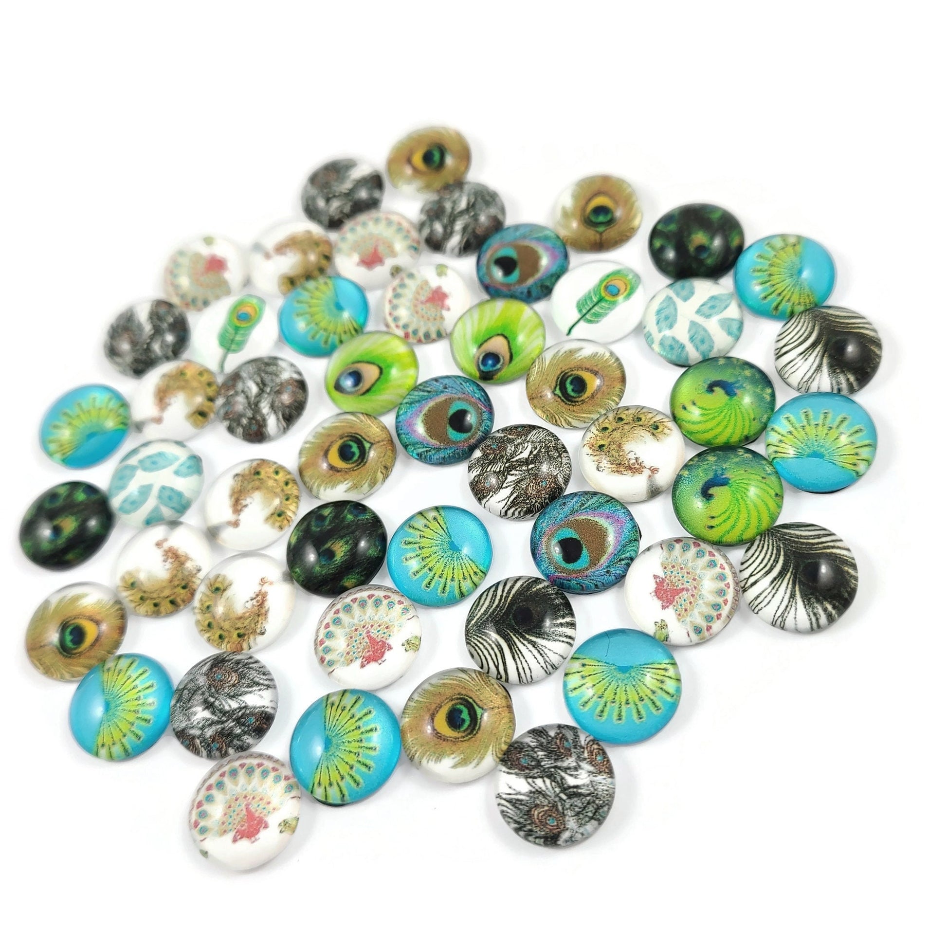 Mixed feather glass cabochons, 12mm flat round domed cabochons, Set of 50, Jewelry making