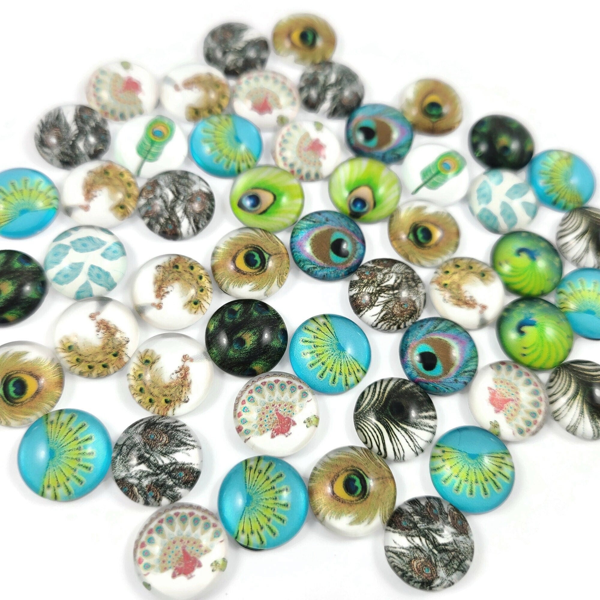 Mixed feather glass cabochons, 12mm flat round domed cabochons, Set of 50, Jewelry making