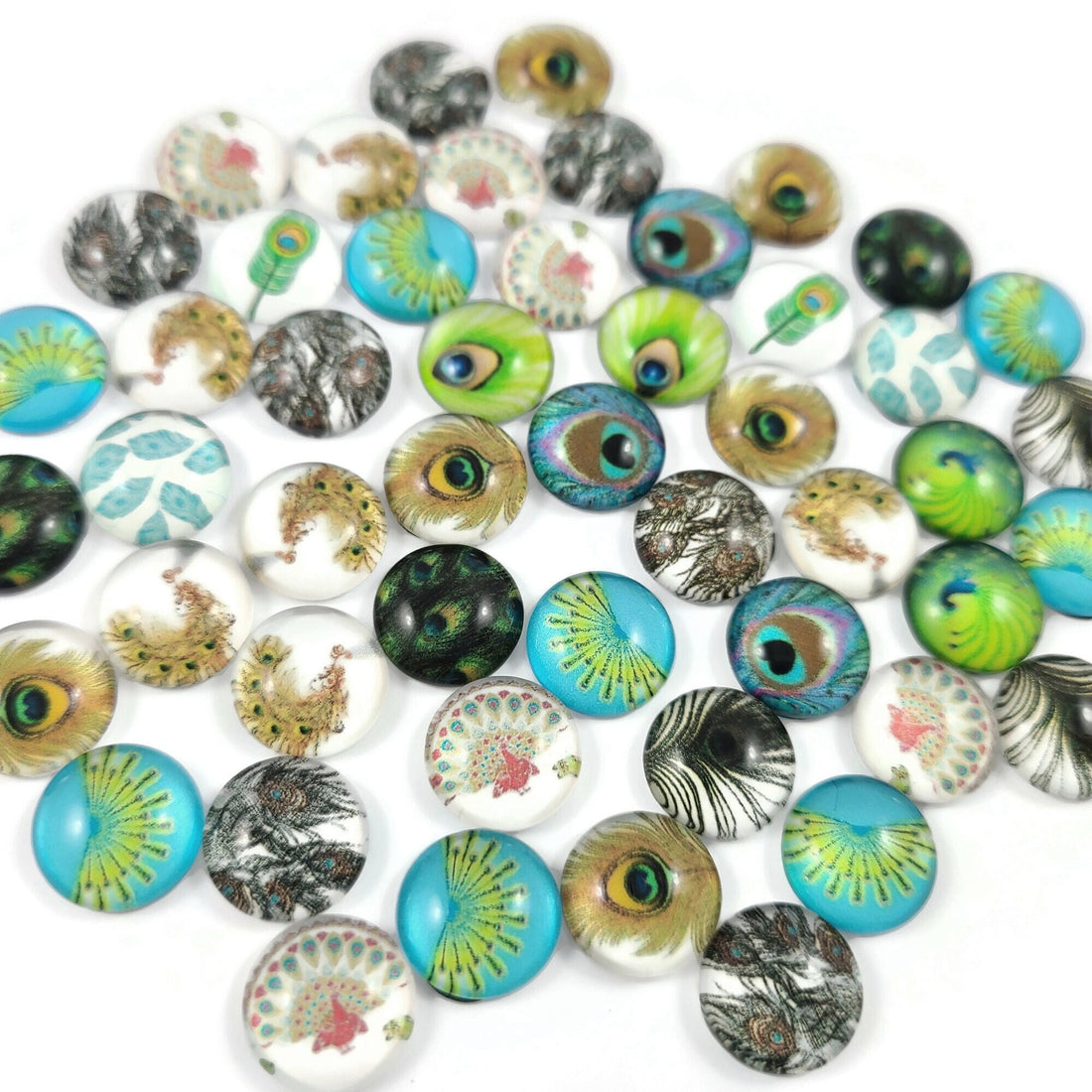 Mixed feather glass cabochons, 12mm flat round domed cabochons, Set of 50, Jewelry making