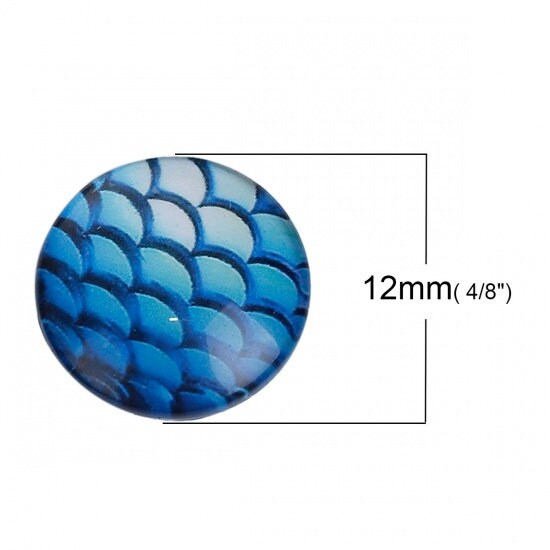 Mermaid glass cabochons, 12mm flat round domed cabochons, Set of 10, Jewelry making