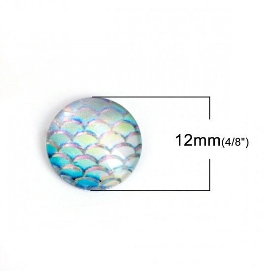 Mermaid glass cabochons, 12mm flat round domed cabochons, Set of 10, Jewelry making