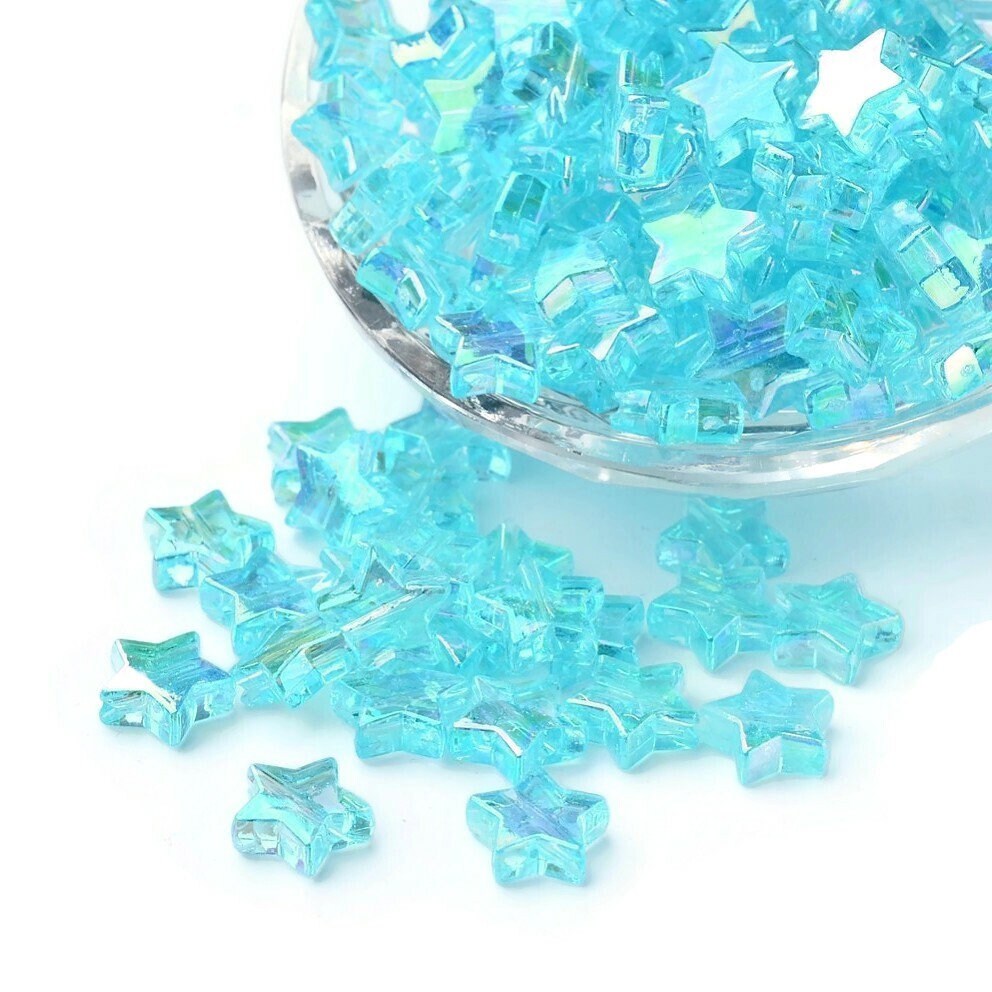 10 transparent pearly heart beads, Aqua turquoise 10mm acrylic beads for jewelry making