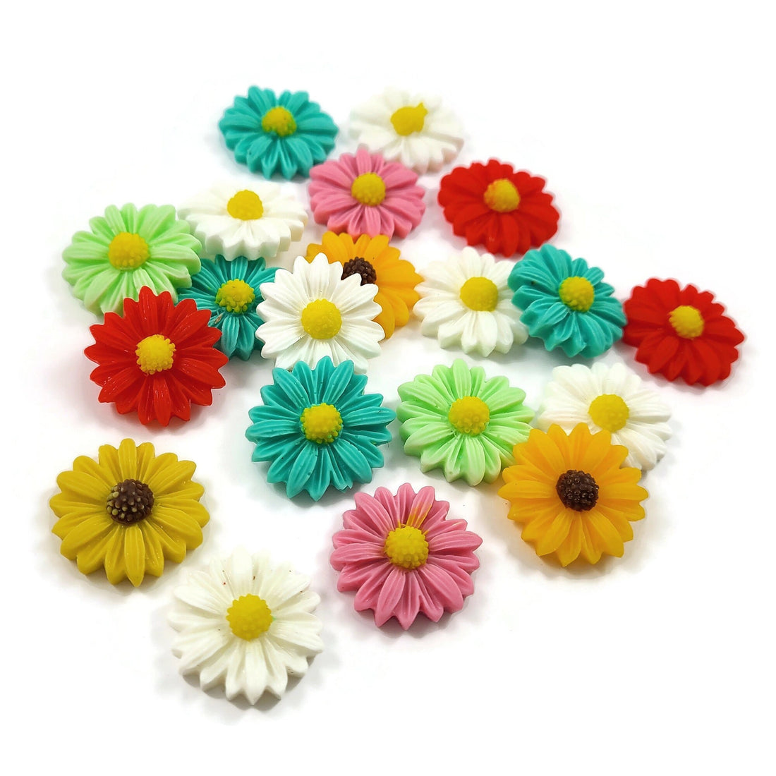 Resin flower cabochons, Mixed daisy embellishments, Flat back cabochons, Assorted pack, Jewelry making supplies