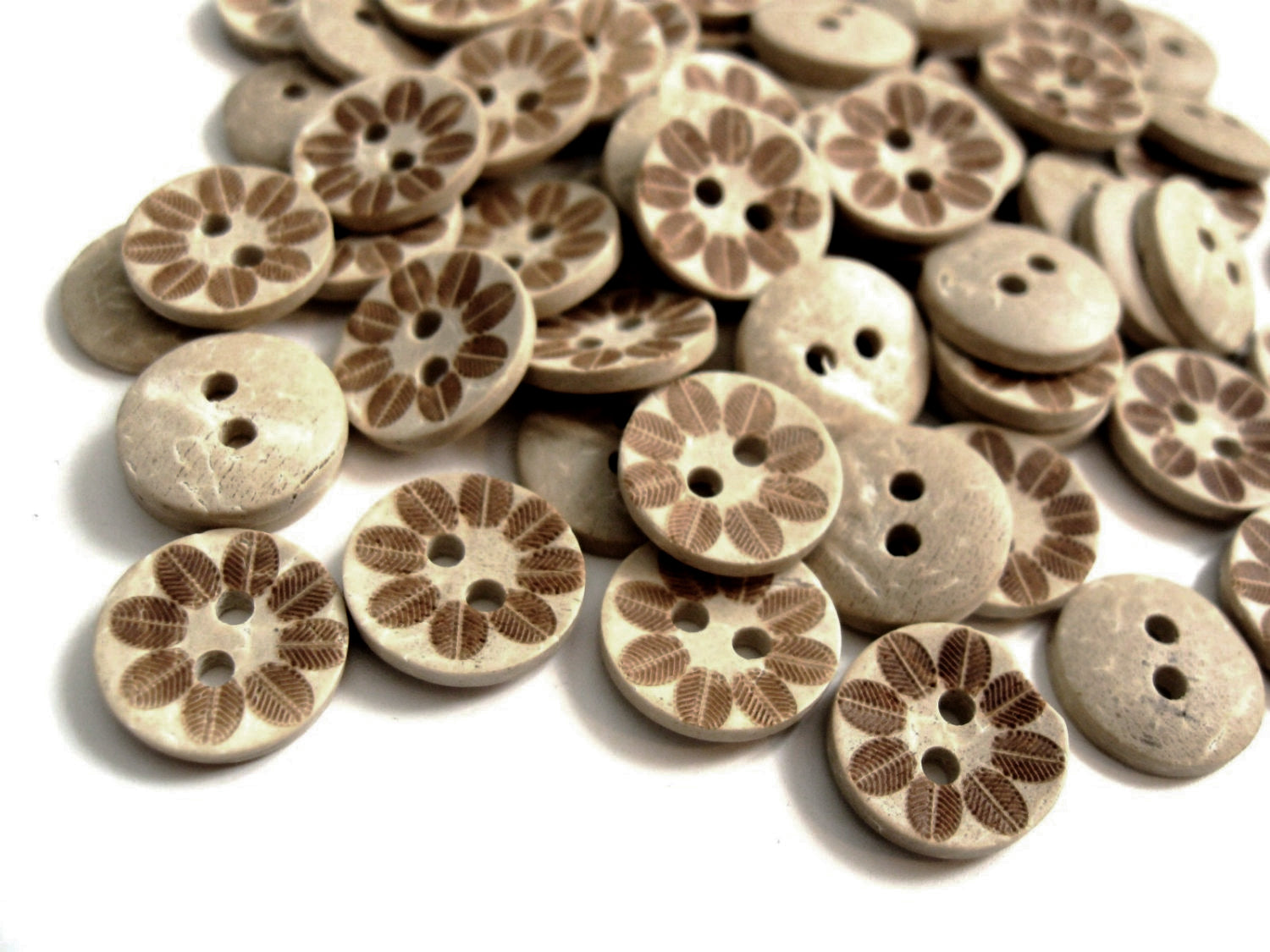 10 Boutons en bois de coco 12mm - Feuille fossile
