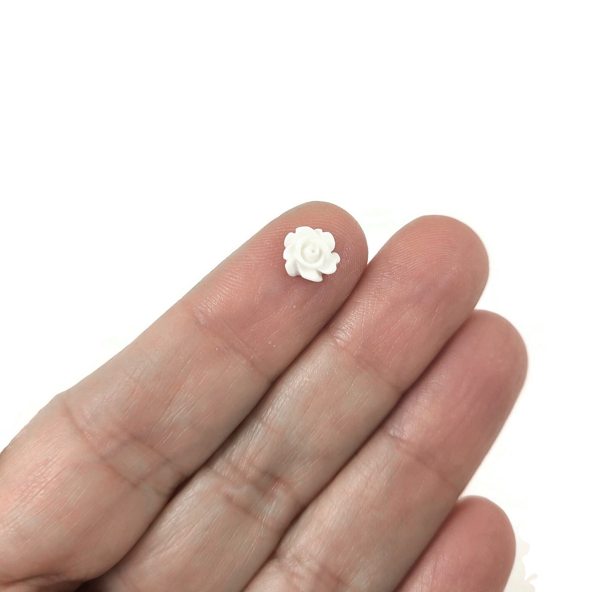 Dainty white flower cabochons, 7mm resin rose embellishments, Flatback earring cabochons, Jewelry making supplies
