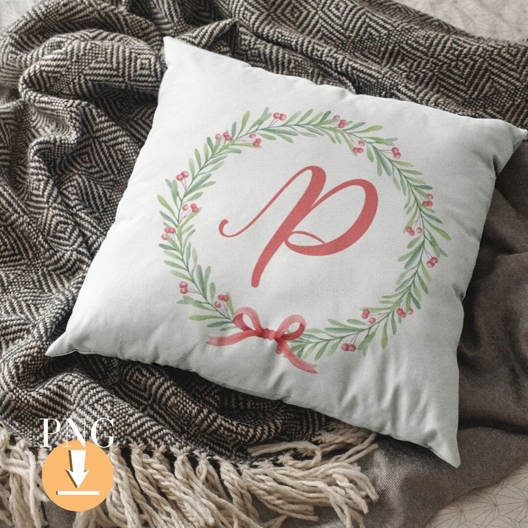 Christmas alphabet, Watercolor floral alphabet, Wreath monogram, PNG initial clipart, Instant download DIY
