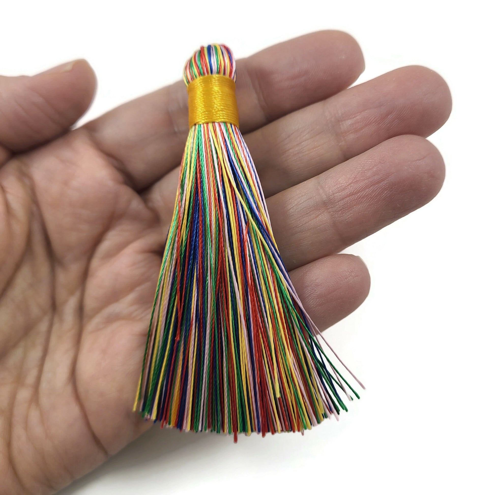 Big multicolor silky tassel, Jewelry making supplies, Boho rainbow decor DIY, 3 inches