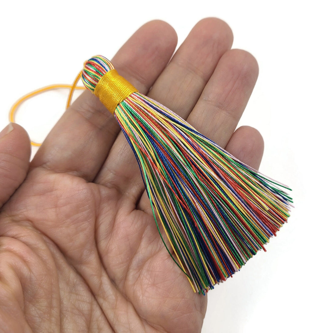 Big multicolor silky tassel, Jewelry making supplies, Boho rainbow decor DIY, 3 inches