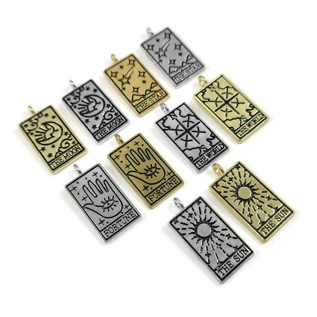 Tarot card charm, Gold, Silver, Necklace making pendant, Sun, Moon, Star, World, Fortune