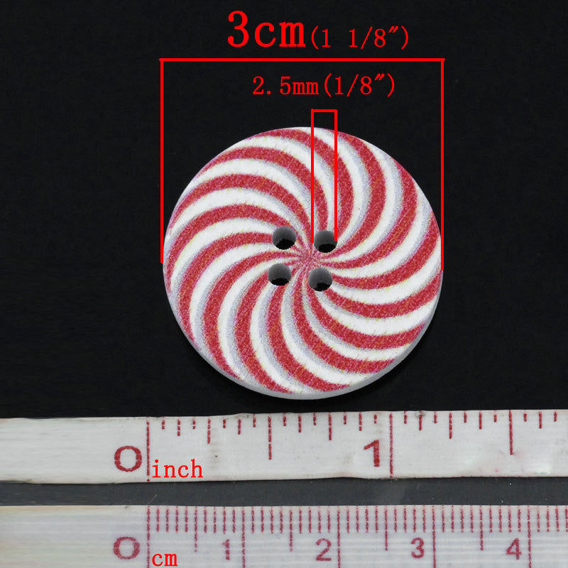 5 Boutons bonbons de Noël rouge et blanc en bois 30mm