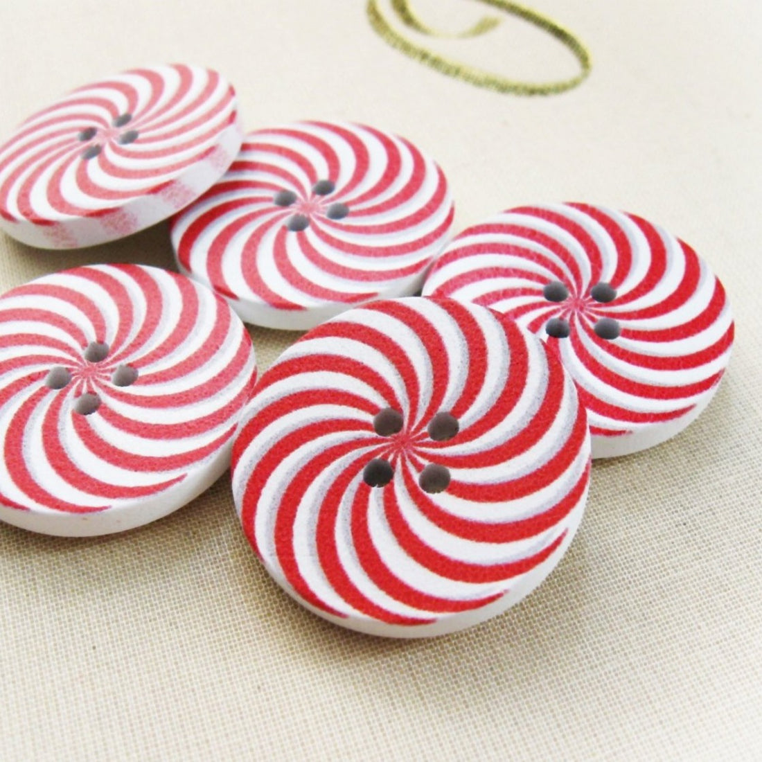 5 Candy Cane Wooden Buttons - Red and white sewing buttons 30mm
