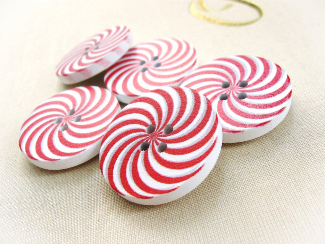 5 Candy Cane Wooden Buttons - Red and white sewing buttons 30mm
