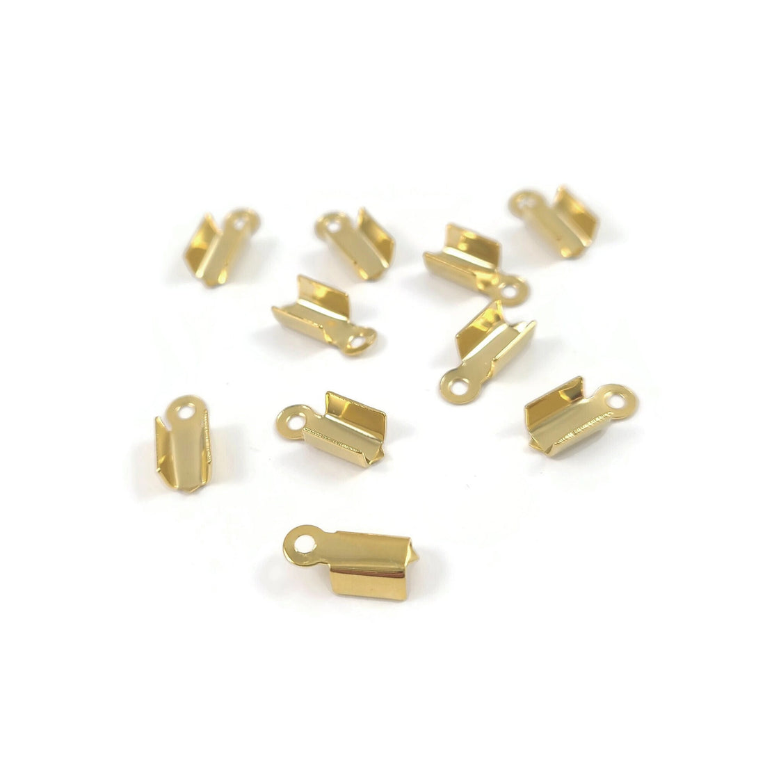 Gold crimp end caps, Fold over cord tips, Stainless steel ribbon end clasp findings, Jewelry making parts