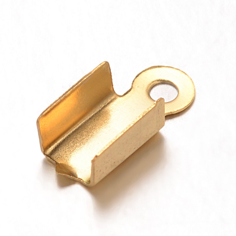 Gold crimp end caps, Fold over cord tips, Stainless steel ribbon end clasp findings, Jewelry making parts