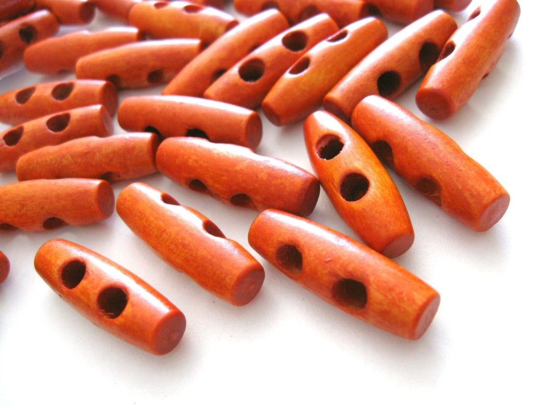 Wood toggle button 6 small orange buttons 3 x 1cm