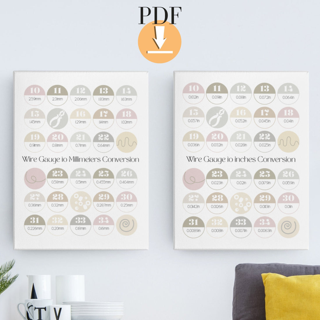 Wire gauge to inches and millimeters conversion chart, Fun printable poster, Jewelry making decor, Crafter gift