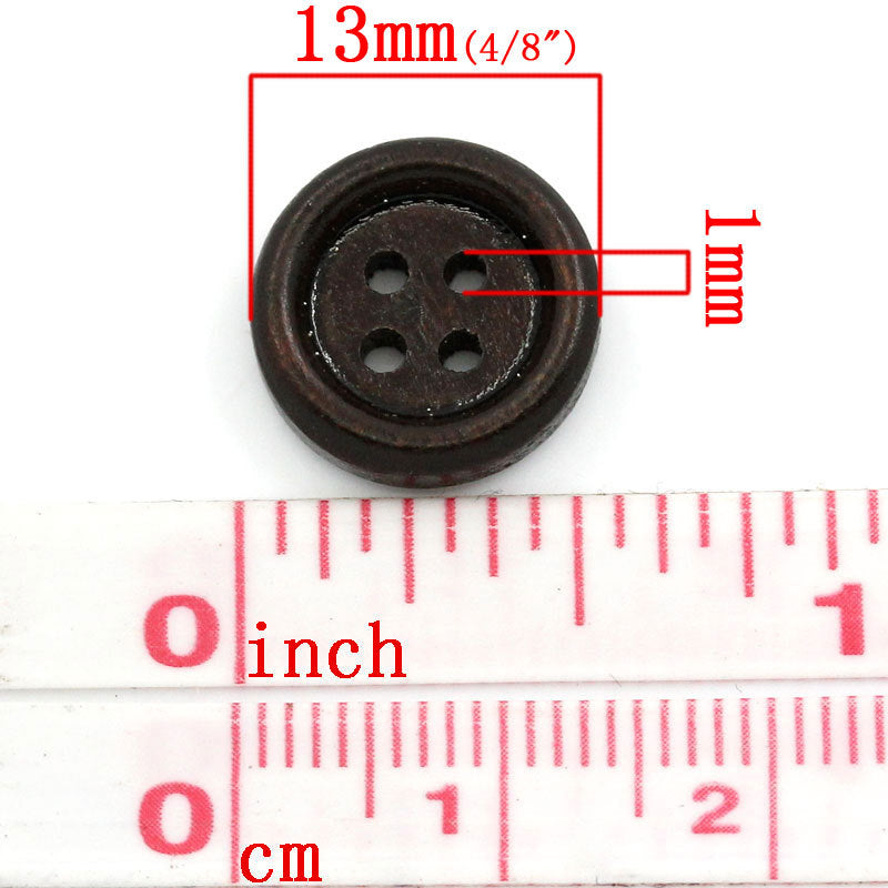 Bouton de bois à 4 trous en bois naturel brun foncé de 13mm - ensemble de 10