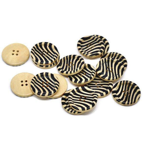 Zebra Pattern Wooden Sewing Buttons 30mm - Natural and Black wood button set of 6